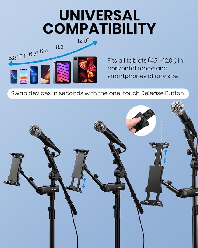 Moukey Adjustable Tablet Holder Clip-on Phone Mount for Mic Microphone Stand Music Stand, Compatible with All 4.7 to 12.9 Inches iPad, iPhone, Android Tablets, Pads, Smartphones - Image 3