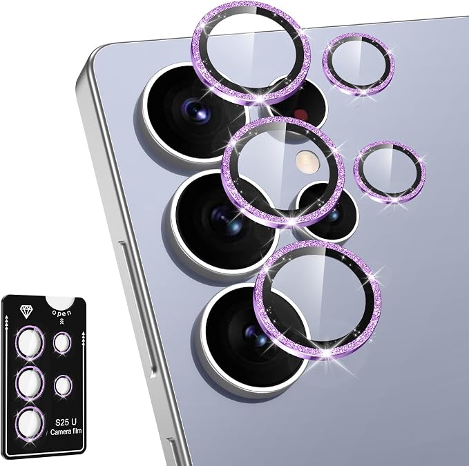 for Samsung Galaxy S25 Ultra Camera Lens Protector, Individual Metal Ring Tempered Glass Lens Cover, [Strong Adsorption] Scratch Resistant Ultra-Thin HD Clear Lens Cover, 1 Set-Purple Sparkly by Btscase