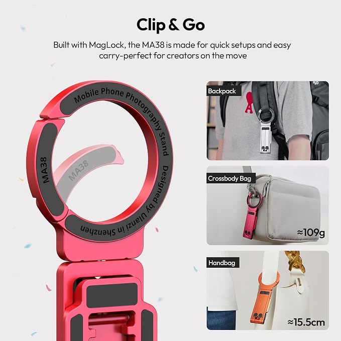ULANZI MA38 Magnetic Phone Tripod for iPhone, Portable Phone Holder Red | Portable Phone Tripod for Magsafe w Foldable Hook Double-Sided 1/4'' Screw for Travel Vlog Selfie iPhone 17/16/15/14/13 - Image 6
