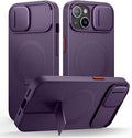 SURITCH for iPhone 15 Case with Magnetic Camera Slide Cover and Adjustable Kickstand, Compatible with MagSafe, Shockproof Bumper Case Slim Protective Cover 6.1 Inch, Dark Purple by SURITCH