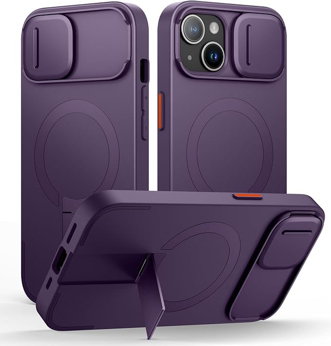 SURITCH for iPhone 15 Case with Magnetic Camera Slide Cover and Adjustable Kickstand, Compatible with MagSafe, Shockproof Bumper Case Slim Protective Cover 6.1 Inch, Dark Purple by SURITCH