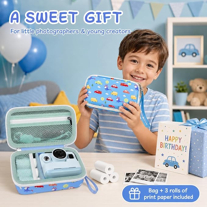 Kids Instant Print Camera Case & 3 Rolls for DYLANTO for ESOXOFFORE | Portable Digital Camera Case for ETIKEZ for YTETCN for DUDUDRAGON with Pocket for Accessories (Box Only)-Blue Car - Image 6