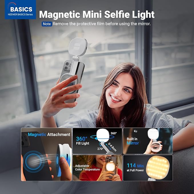 NEEWER Basics Magnetic Selfie Light Compatible with MagSafe iPhone, 2W Bi Color Small LED Phone Fill Ring Lighting CRI95+ with 360° Swivel, Mirror for Makeup Video Conference Recording, NL72B White - Image 2