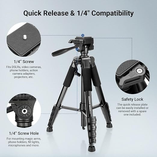 NEEWER Basics TP56 Camera Tripod, 74" Tripod with Cell Phone Holder Mount | Compatible with iPhone for Video Recording, Professional Aluminum Lightweight Portable Travel Stand, 3 Way Pan Tilt Head - Image 7
