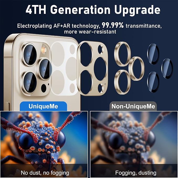 UniqueMe for iPhone 13 Pro/iPhone 13 Pro Max Camera Lens Protector - Gold | Strong Drop Protection, Not Easy to Fall-off, Metal Ring, Tempered Glass, Rear Camera Screen Cover - Image 2