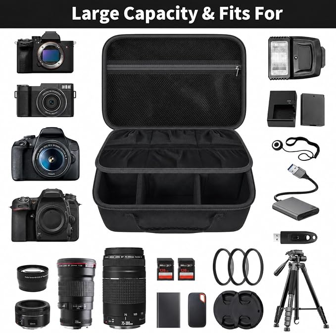 Camera Case for Canon/for Sony/for Nikon DSLR SLR Cameras, Large Capacity | T7/R50/R6 Mark II/R100,Alpha 7 IV/ZV-E10/A6400/A6700/A6100,D7500,Lens/ Battery/Tripod Bag, Shoulder Strap, Box Only, JetBlack - Image 2