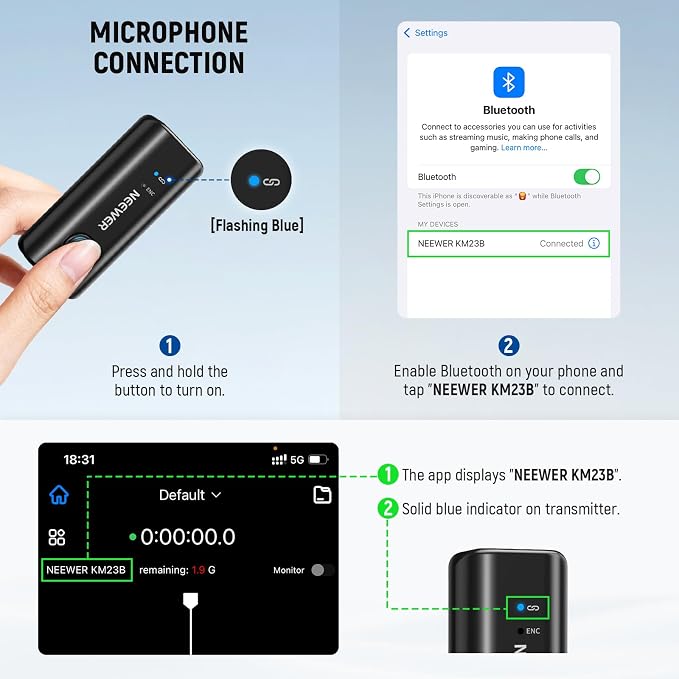NEEWER KM23B Wireless Lavalier Microphone Bluetooth App Control, Compatible with iPhone Android Phone 8Hrs Battery Vocal Enhancement Noise Cancellation Volume Adjustment Low Cut for Streaming Vlogging - Image 3