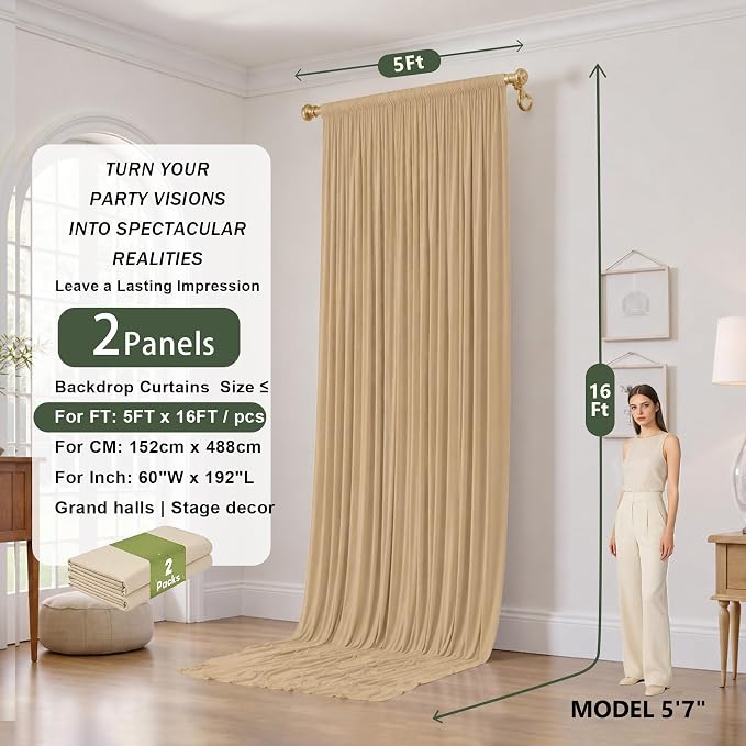 10x16 ft Champagne Backdrop Curtains for Weddings, Birthdays and Photos | 2 Panels 5x16 ft, Wrinkle-Free Polyester Drapes, Washable, Ironable, 4 in Rod Pocket for Baby Showers and Graduations - Image 9