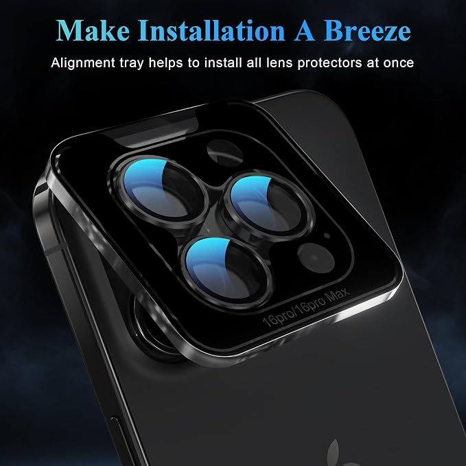 YWXTW Camera Lens Protector for iPhone 16 Pro/iPhone 16 Pro Max, [1 Step Installation Tray] Tempered Glass Screen Protector Metal Individual Camera Cover Accessories (Black Titanium-2Pack) - Image 5