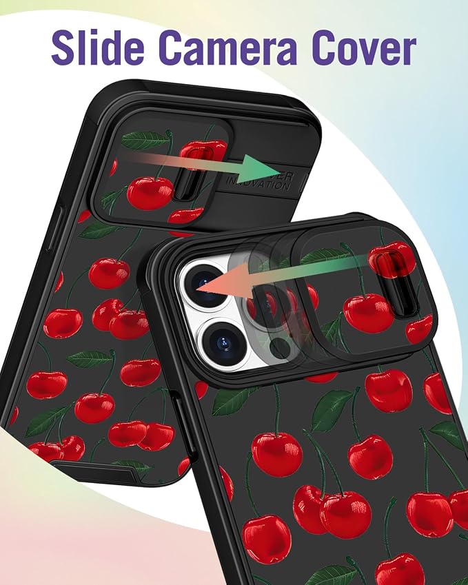 Buleens for iPhone 15 Pro Case 6.1 Inch - with Ring Stand & Camera Cover Aesthetic Cute Designed for Women Girls Girly Kawaii Cherry for Phone Case for iPhone 15 Pro Compatible with Magsafe - Image 3