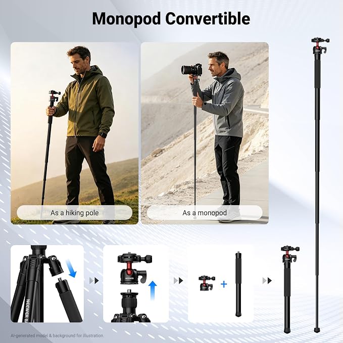 NEEWER Basics 57" Camera Tripod Monopod with Arca Type QR Plate Ball Head & Cell Phone Holder, Compact Portable Travel Stand for iPhone DSLR Camcorder Streaming Video Recording, 6.6lb/3kg Load, TP68 - Image 7