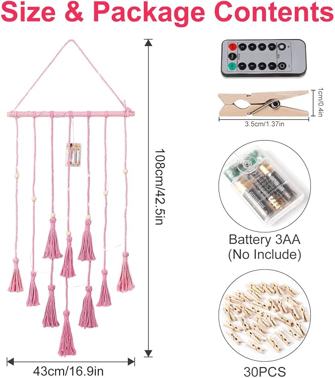 Hanging Photo Display Wall Decor, Pink Macrame Wall Hanging Boho Room Bedroom Decor, Picture Frame Collage with Remote Light & 30 Clips, Christmas Teenage Teen Girl Gifts Ages 10 11 12 13 14 Years Old - Image 6