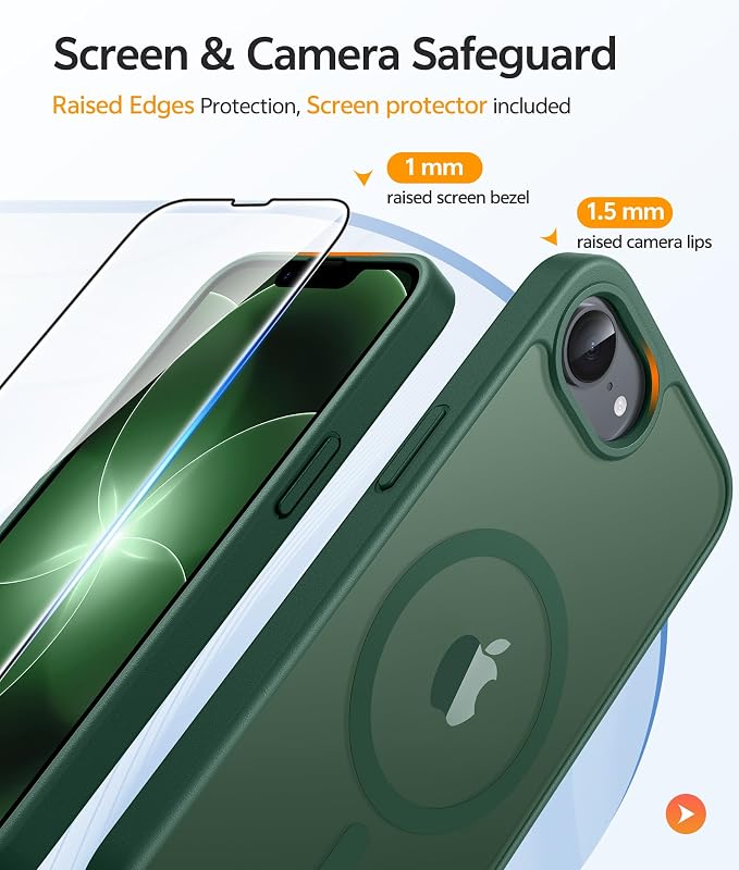 FNTCASE for iPhone 17e/ iPhone 16e Case, Fit for Magsafe, Screen Protector | Translucent Matte Magnetic Back, 14FT Military Grade Drop Protection, Shockproof Protective Phone Cover, Green - Image 4