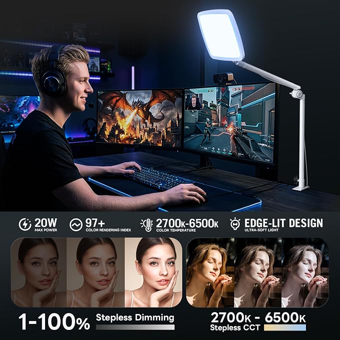 NiceVeedi 14" Soft Key Light, Dimmable Desk Ring Light with Clamp, 2700K-6500K/CRI97+/Flexible Arm/2.4G Remote, Streaming Light for Podcast/Home Office/YouTube/TikTok/Makeup/Video Calls - Image 2