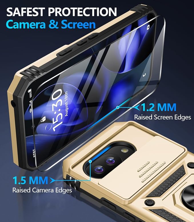 Taisairu for Google Pixel 9A Case with Screen Protector & Slide Camera Lens Cover, Built-in 360°Rotate Magnetic Ring Stand Shockproof Protective Phone Case for Google Pixel 9A Case (Gold) - Image 7