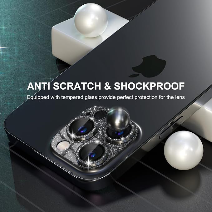 Choiche for iPhone 15 Pro/iPhone 15 Pro Max Camera Lens Protector | Bling Camera Cover with 9H Tempered Glass Lens Screen Protector Metal Ring Decoration Accessories (Glitter-Black) - Image 4