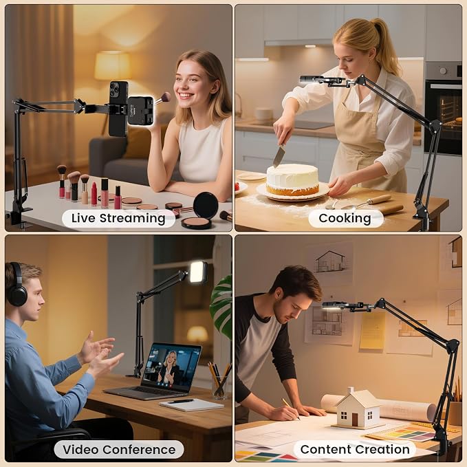 Overhead Phone Mount with LED Selfie Light and Bluetooth Remote, Rechargeable Ring Light Tripod Stand with Flexible Boom Arm, Desk Phone Holder for Video Recording, Live Streaming, TikTok, Vlogging - Image 7