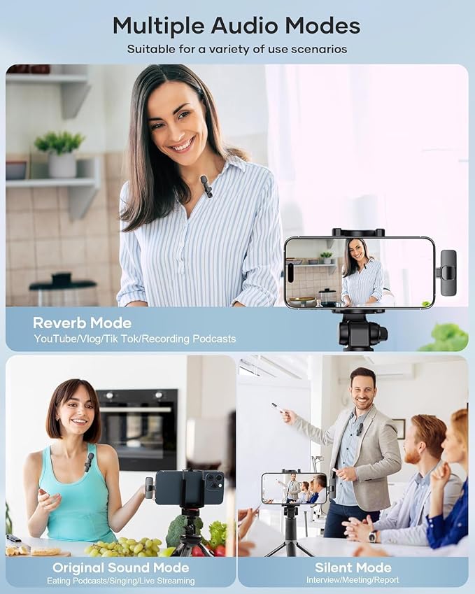 Wireless Lavalier Microphone for iPhone iPad and Android Phone, 2 Pack Lapel Mic Plug and Play Wireless Mic Noise Reduction Microphone for Video Recording Interview Podcast (Black) - Image 3