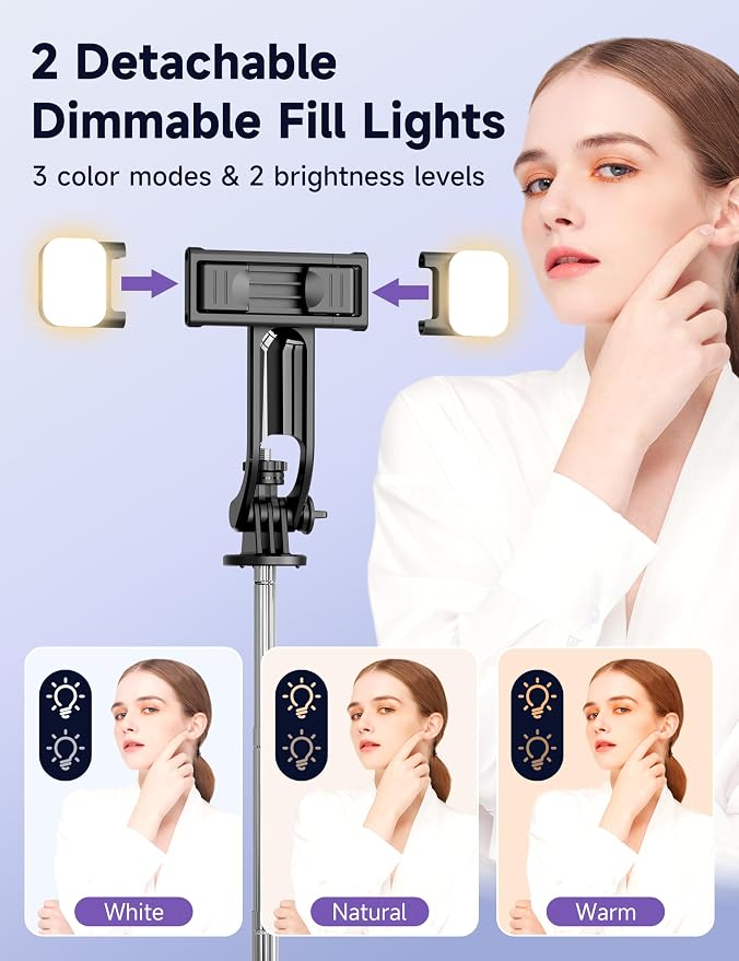 53'' Selfie Stick Tripod with Light, Extendable Selfie Stick with Remote, Portable Cell Phone Tripod Stand with All in 1 Phone Clip, Lightweight Camera Tripod Compatible with iPhone 17 16 15, Android - Image 2
