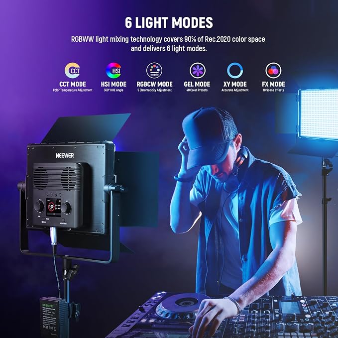 NEEWER 2 Pack PL60C RGB LED Panel Video Light Kit with 6.6ft/2m Spring Cushioned Tripod Stands/Bag, APP/2.4G/DMX Control, 60W 2500-10000K Pro Photography Studio Recording Streaming Key Lighting - Image 3