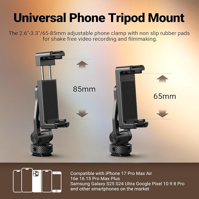 NEEWER Metal Phone Tripod Mount with Cold Shoes, 1/4" Thread, GA010 | 180° Tilt 360° Rotation, Adjustable Phone Clamp Holder, Compatible with iPhone 17 16 15 Samsung S25 S24 Ultra Camera Cage - Image 2