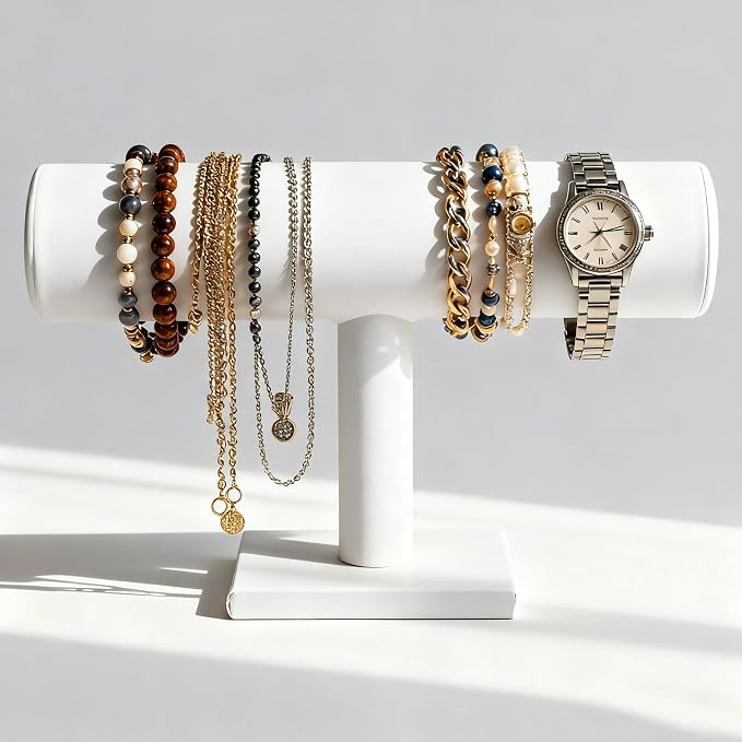 TENINYU Hovering T-Bar Bracelet Necklace Earring Bangle Pendants Anklet Tower Watch Key Jewelry Display Stand for Home Organization (White Leatherette) - Image 2