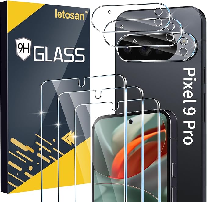 letosan 3 Pack for Google Pixel 9 Pro Screen Protector Tempered Glass + 3 Pack Camera Lens Protector, Military Grade Shatterproof, 9H Hardness, Fingerprint Unlock,Case Friendly 6.3 Inch by letosan