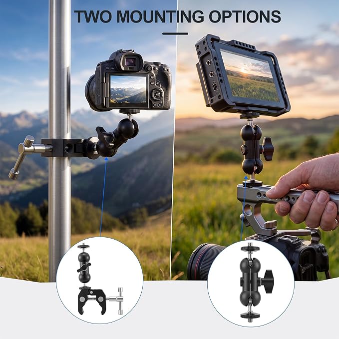 Tellegloww 4 Pack Camera Mount Clamp with 360° Dual Ball Head Magic Arm, Heavy Duty Super Clamps Mount Kit, Adjustable Camera Clamp for DSLR Monitor LED Light Microphone, 1/4" and 3/8" Thread - Image 5