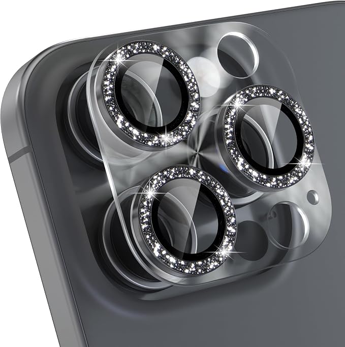 Choiche for iPhone 16 Pro/iPhone 16 Pro Max Camera Lens Protector | Bling Camera Cover with 9H Tempered Glass Lens Screen Protector Metal Ring Decoration Accessories (Clear-Black) by Choiche