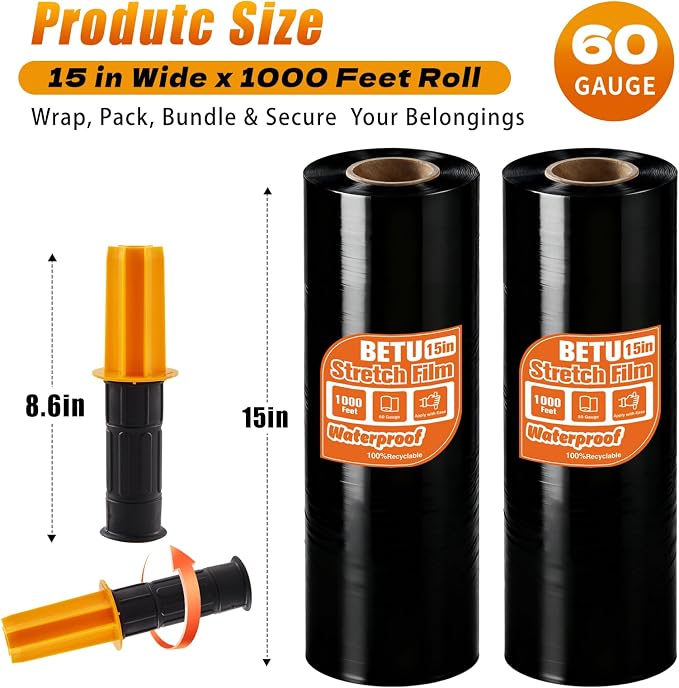 Black Stretch Wrap Shrink Film for Moving Supplies (15inch, 2 Pack) x 1000ft, Industrial Strength Plastic Wrap Stretch Roll for Privacy Protection Pallet Shipping Moving Boxes Furniture with Handles - Image 2
