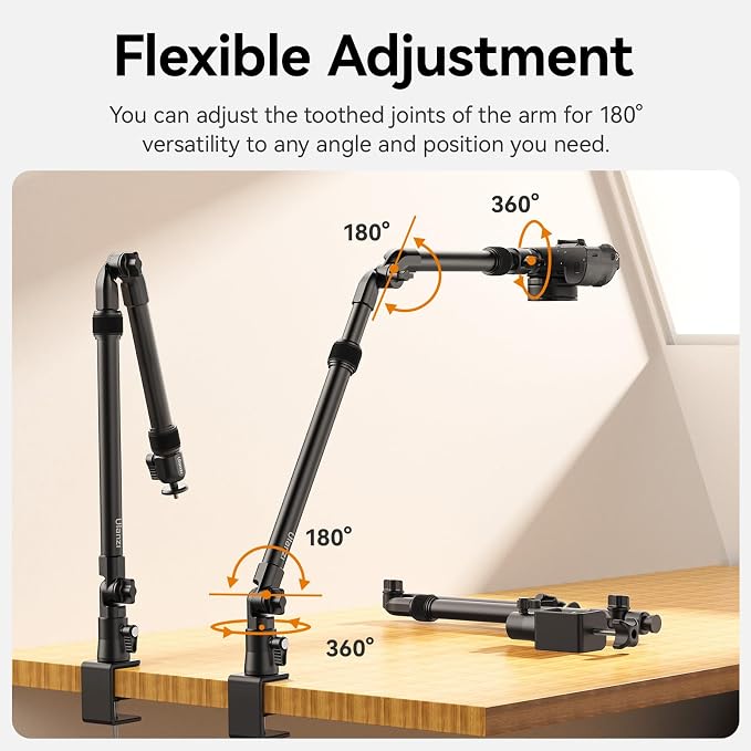 ULANZI ZJ02 Camera Desk Mount Stand Overhead Magic Articulating Arm | 98cm/38.6inch, 4-Section Adjustable, Aluminum, 1/4" Ball Head, for Cameras DSLR Lights Streaming Photo Video Shooting - Image 4