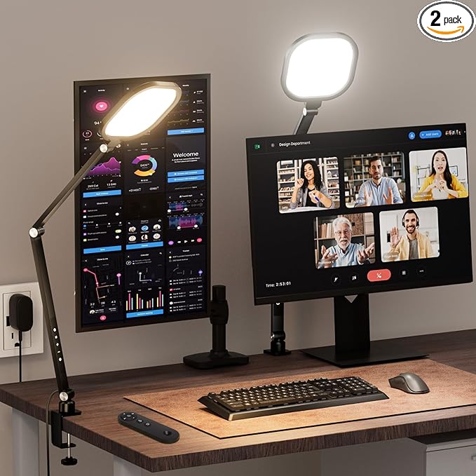 2 Packs Video Conference Light for Computer, Webcam, Video Recording | 15W LitONES Desk Ring Light for Zoom Calls Meeting with C-Clamp & Metal Swing Arm, Remote, Memory & Timing CRI 97.8 by LitONES