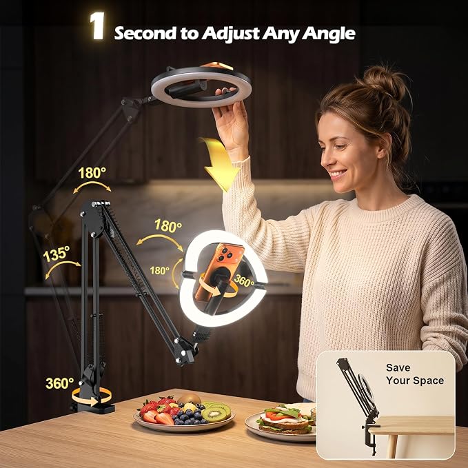 CloudValley Magnetic Overhead Phone Mount with 10" Ring Light, 5000mAh Desktop Tripod with Battery Display, Foldable LED Selfie Light with iPhone Stand for Video Recording Cooking, Live Streaming - Image 2