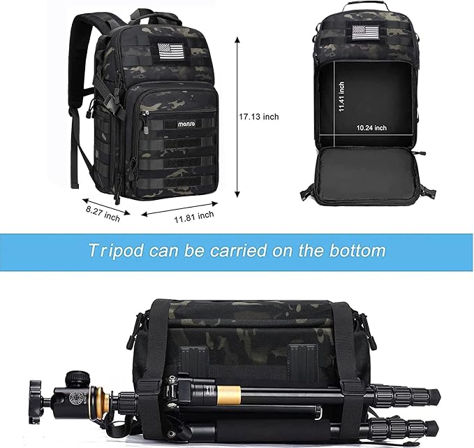 MOSISO Camera Backpack, DSLR/SLR/Mirrorless Photography Tactical Camera Bag | Camera Case with Tripod Holder & 15-16 inch Laptop Compartment & USA Flag Compatible with Canon/Nikon/Sony, Night Camouflage - Image 4