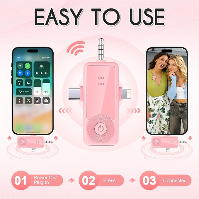 Mini Wireless Microphone for iPhone/Android/Camera, Noise Reduction | 3-in-1 Receiver, 2-Pack 20-Hour Battery Life Mini Lavalier Mics for Podcast, Content Creators, Recording, Vlogging, Streaming - Image 3