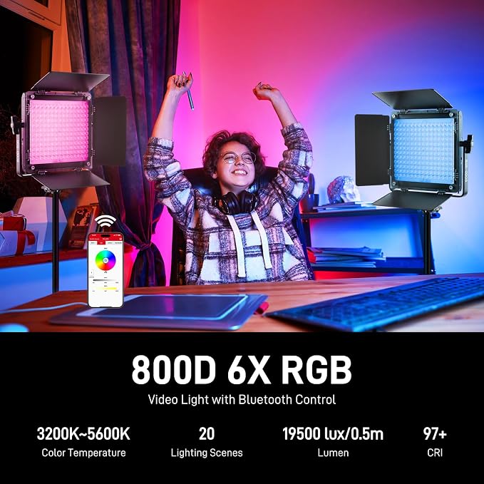 GVM RGB LED Video Light Kit, 800D 6X Upgraded Studio Lights with Optical Lens, Photography Lighting with 20 Scene Modes, Panel Lights with 19500 Lux/0.5m, Filming, Content, Portable, 2 Packs - Image 5