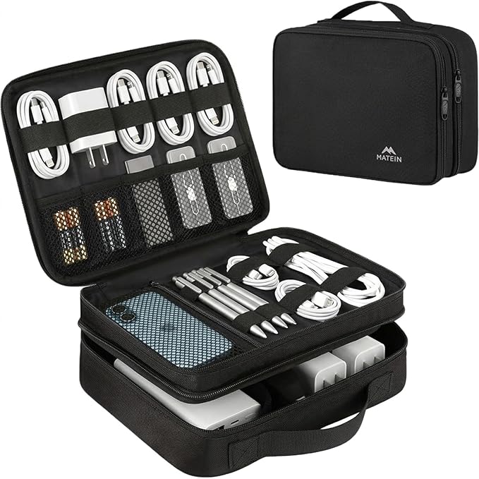 MATEIN Electronics Organizer Travel Case, Cable Organizer Bag, Black | Water Resistant, Gifts for Men, Storage Bag for Camera Accessories, for Travel Essentials, Phone, Cord & Tablet by MATEIN