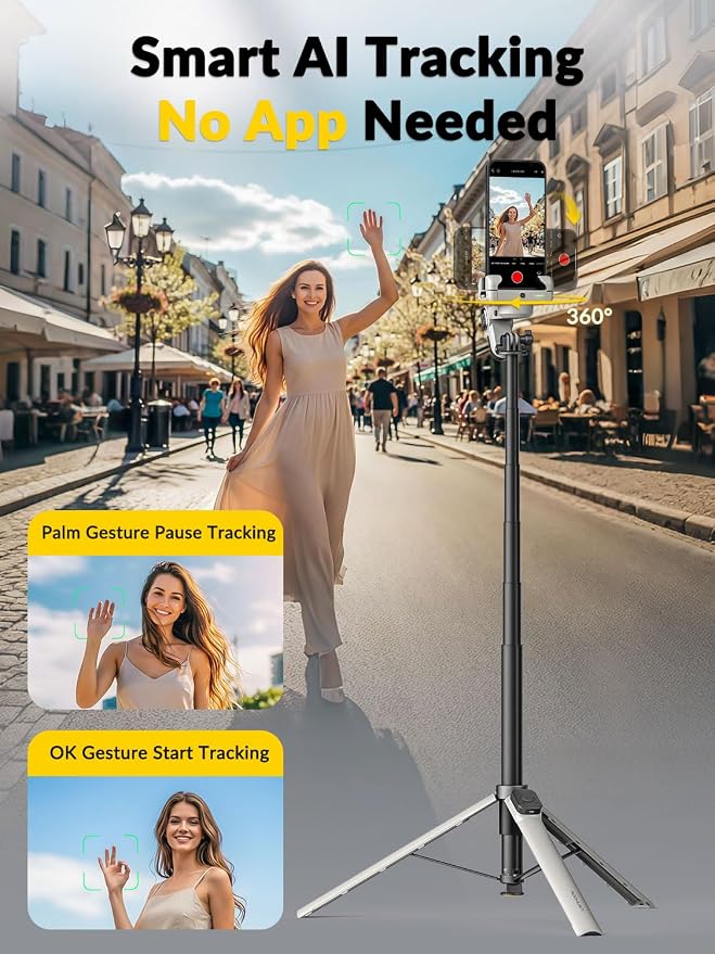 AOCHUAN M3Pro 4-in-1 Phone Gimbal Stabilizer for iPhone, AI Tracking | No App Face Tracking, Built-in Auto-open Tripod, 70.9" Extension Rod, RGB Light, Magnetic Remote, TikTok, Vlog, White - Image 3