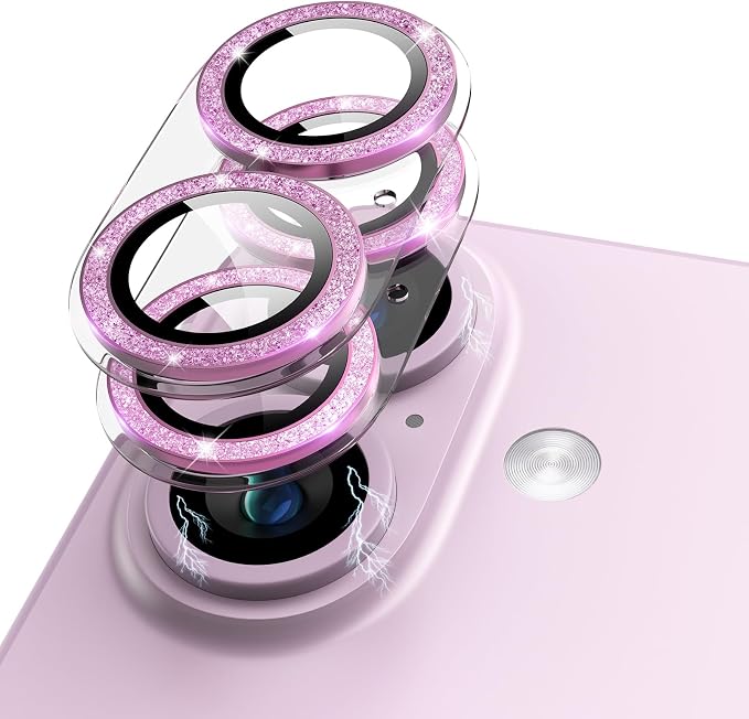 Compatible for iPhone 17 /iPhone 16 /iPhone 16 Plus Camera Lens Protector Glitter, Clear Acrylic Plus Aluminium Alloy Ring 9H Tempered Glass Screen Camera Cover Glitter Pink+Pink by KANOSAN
