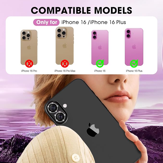 for iPhone 16/16 Plus Camera Lens Protector Bling Diamond, Black | Individual Metal, 9H Hardness, Scratch Resistant, Shockproof, Drop Protection, Case Friendly, Stylish Accessories - Image 2