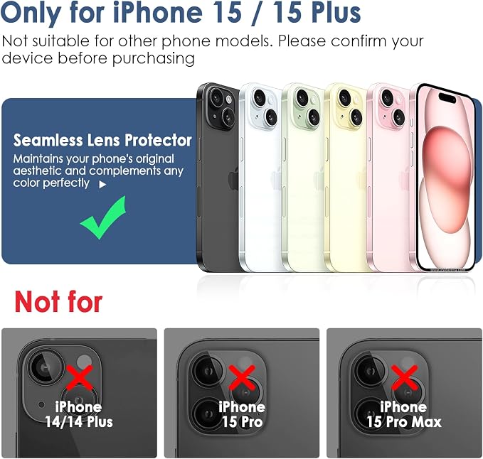 FanTEK Camera Lens Protector Compatible with iPhone 15/15 Plus, 9H Tempered Glass Camera Screen Cover, Ultra HD Clear Acrylic Full Coverage Guard, Case Friendly - Image 2