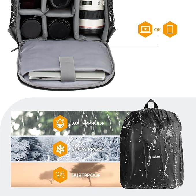 TARION Camera Backpack for Photographers Medium Lightweight 15L Black TB-M | 14 Inch Laptop Compartment, Rain Cover, Bottom Tripod Holder, for DSLR Mirrorless Cameras, Everyday Shooting Bag - Image 5