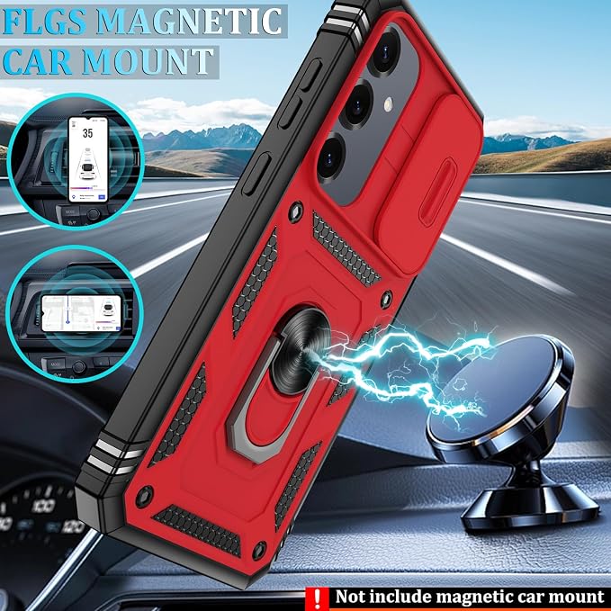Gritup Fit for Samsung Galaxy S25 Plus Phone Case with Slide Camera Cover | 2 Pack Screen Protector, Build in 360° Rotating Ring Kickstand, Military Grade Shockproof Protective Phone Case, Red+Black - Image 6
