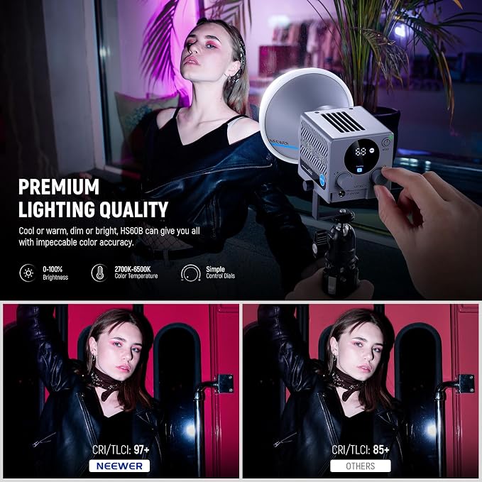 NEEWER HS60B Mini Video Light with App Control, 60W Handheld Portable Bi Color COB LED Continuous Output Lighting with 35000lux/1m 2700-6500K 0-100% PWM Dimming CRI/TLCI 97+ 12 Scenes USB Type C - Image 3