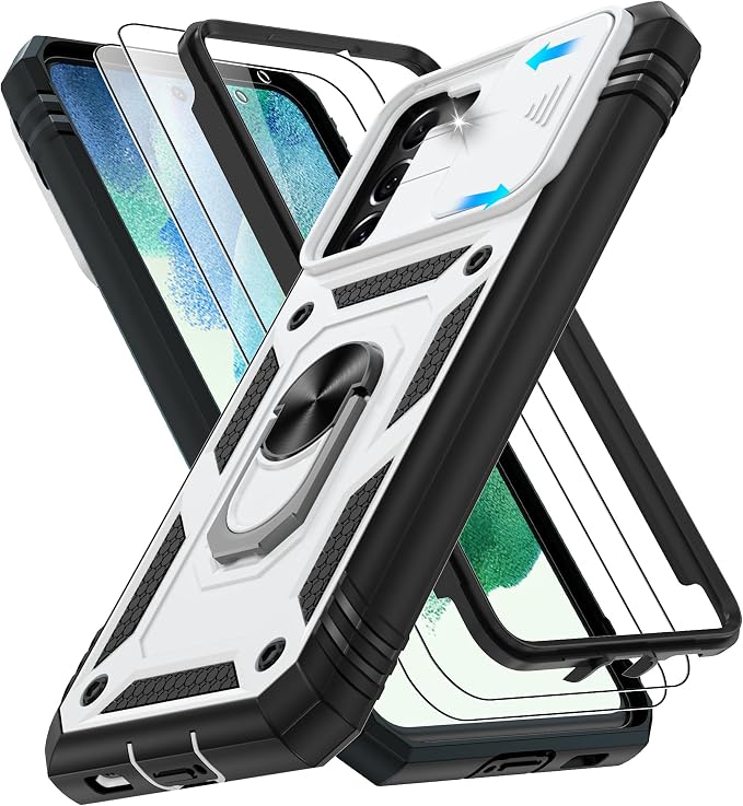 Gritup for Samsung Galaxy S21 FE 5G Case with 2PCS Screen Protector, Build in 360° Rotating Ring Kickstand, Military Grade Protective Case for S21 FE Phone, White+Black by Gritup