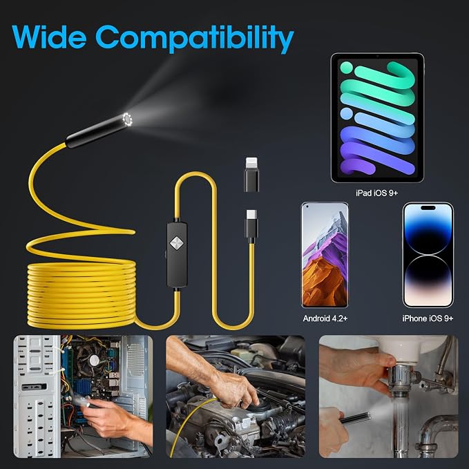 Endoscope with Light, 1920P HD Borescope with 8 Adjustable LED Lights, Semi-Rigid Snake Camera, IP67 Waterproof Inspection Tool (16.4ft, Yellow Harness + Single Lens) - Image 6