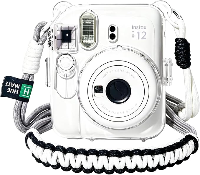 Clear Camera Case for Fujifilm Instax Mini 12, Grey Camera Strap | Protective Cover with Anti-Accidental Shutter, 4 Composition Cards, Photo Storage Holds 10 Films, Clear Hard Shell, No Camera by Huemate
