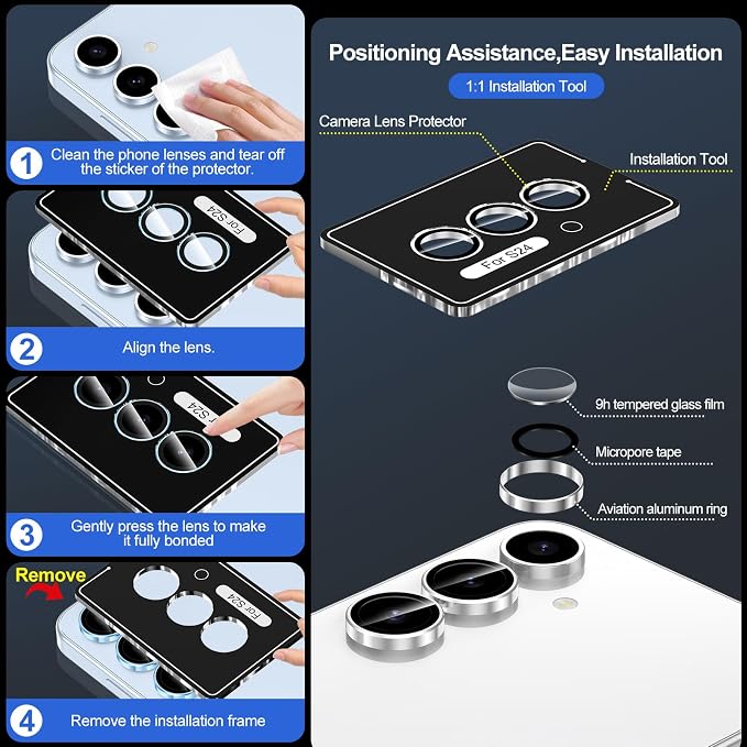 for Samsung Galaxy S24 Camera Lens Protector, Individual Metal Ring Tempered Glass Lens Cover, [Strong Adsorption] Scratch Resistant Ultra-Thin HD Clear Lens Cover, 1 Set-Silvery Ring - Image 6