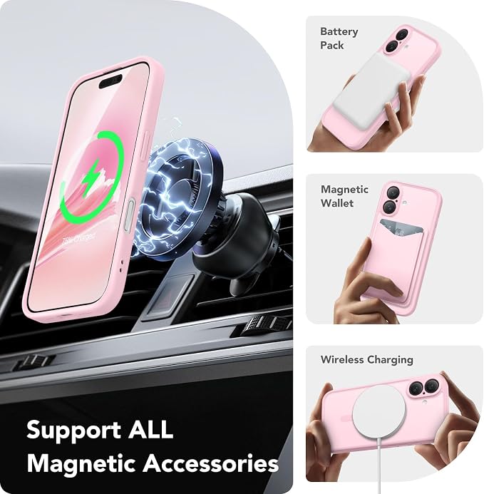 CAPRARO for iPhone 16 Case, Compatible with MagSafe | Upgraded [Full Camera Protection] Protective Translucent Matte Women Girl Magnetic Phone Case Cover, Pastel Pink - Image 3