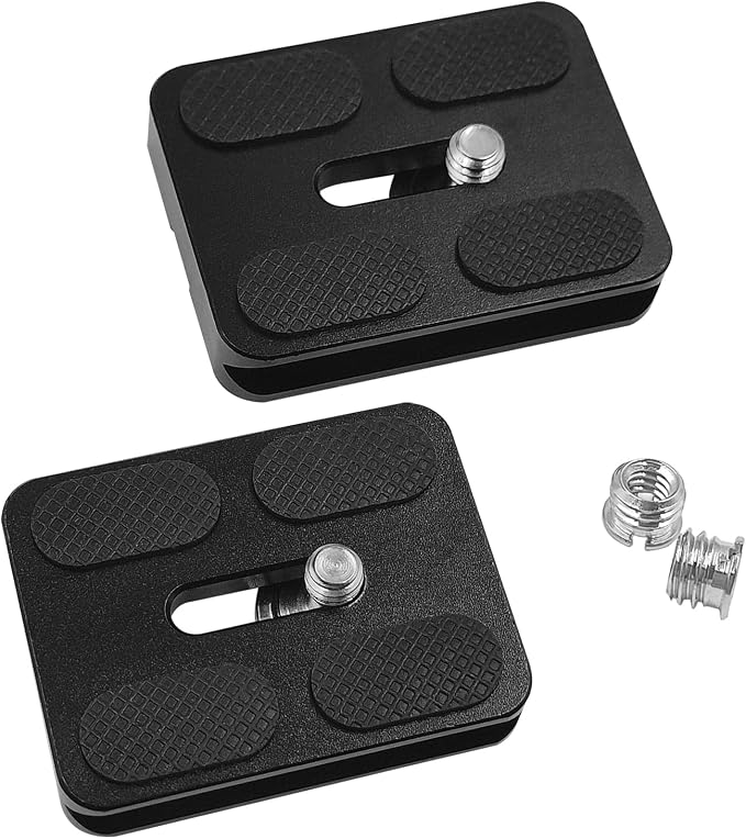 2 Pcs PU50 Tripod Quick Release Plate + 2 Pcs 1/4-3/8 Inch Screw, 50mm*38mm Camera Plates Mount with 1/4''-20 Screw, Compatible with Manfrotto Arca Swiss Benro QR Plate for DSLR Camera by IOUALEY